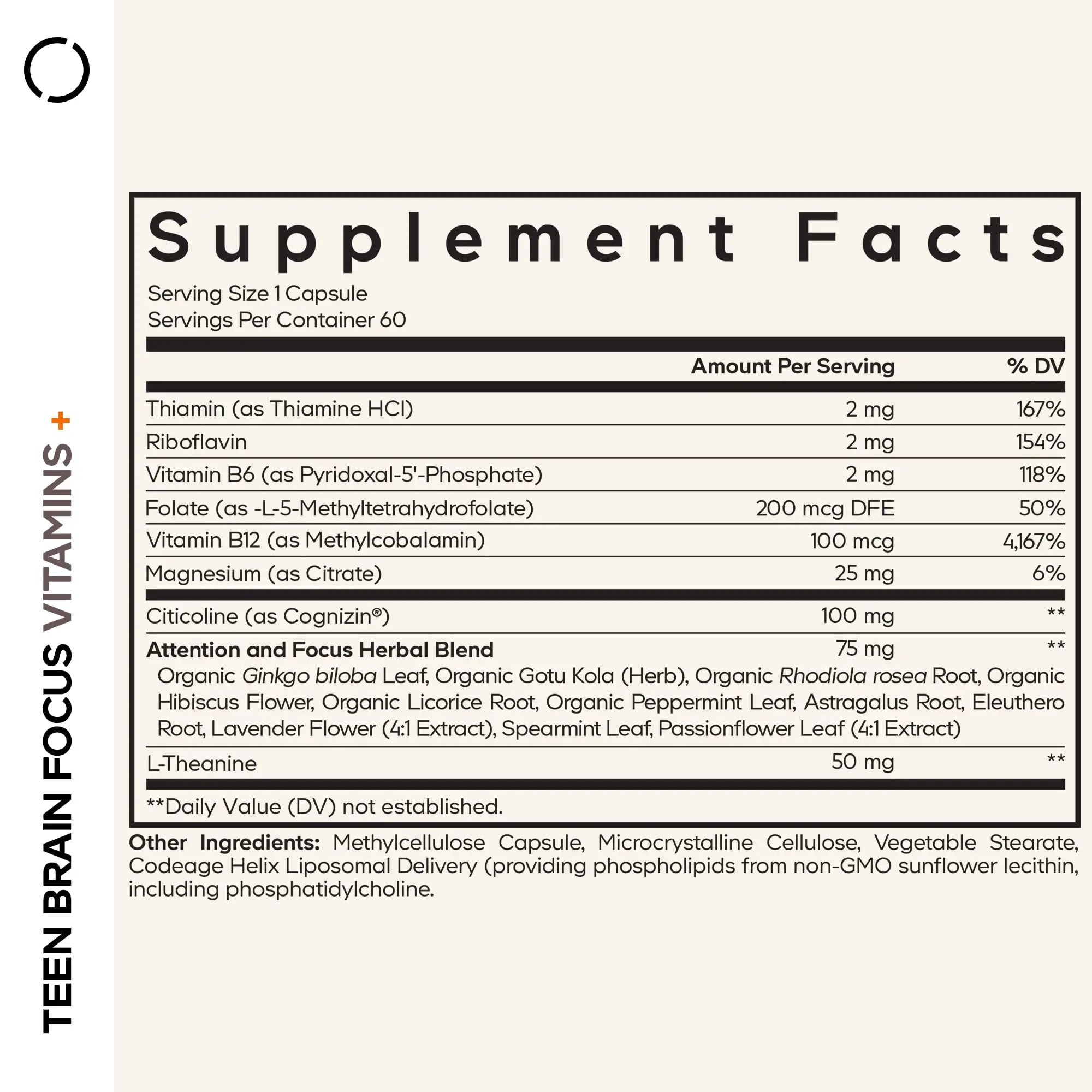 Codeage Teen Brain Focus Vitamins+ Citicoline Cognizin, L-Theanine, Ginkgo, Rhodiola, Lavender, Magnesium, Vitamin B6, B12, Folate Codeage