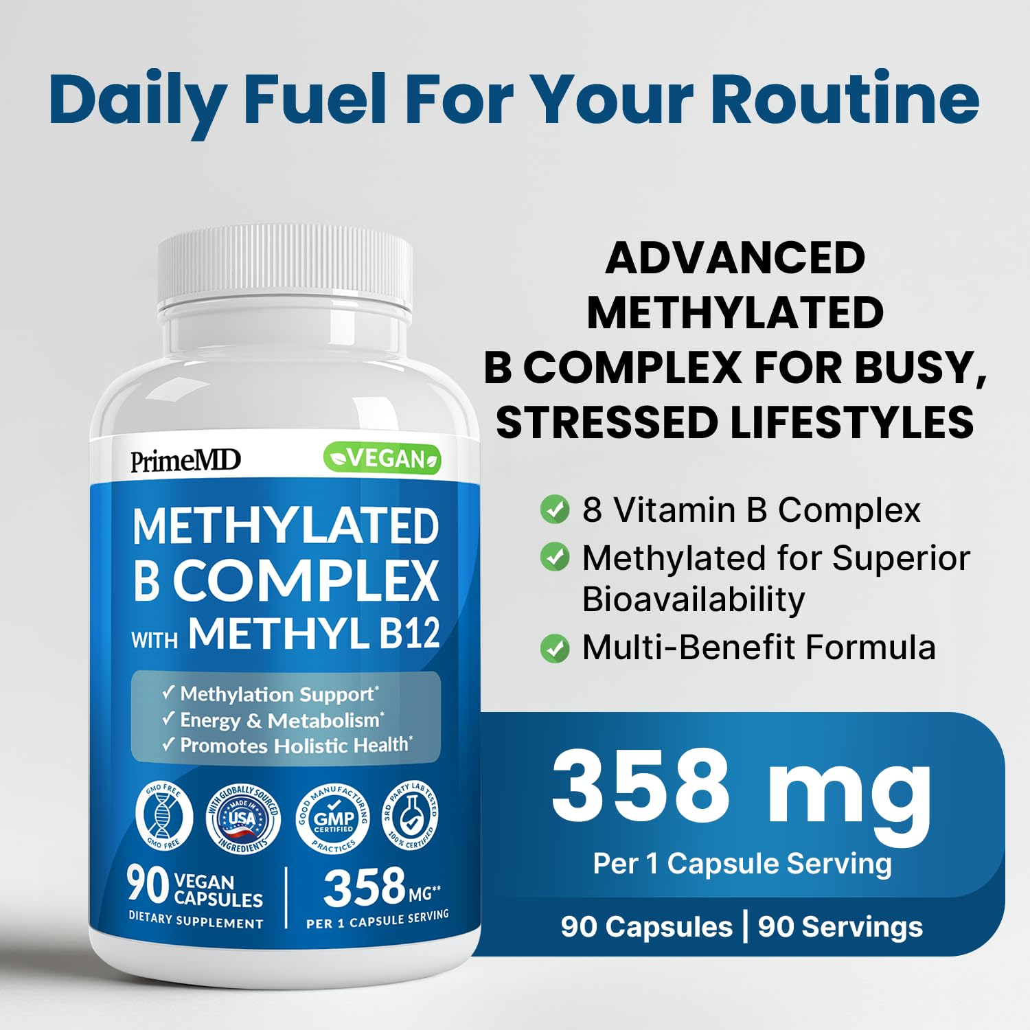 Methylated B Complex with Methylfolate and B12 Methylcobalamin 1000 mcg - Methylated Multivitamin for Energy, Brain Function, and Wellness - Vitamin B Complex for Men & Women