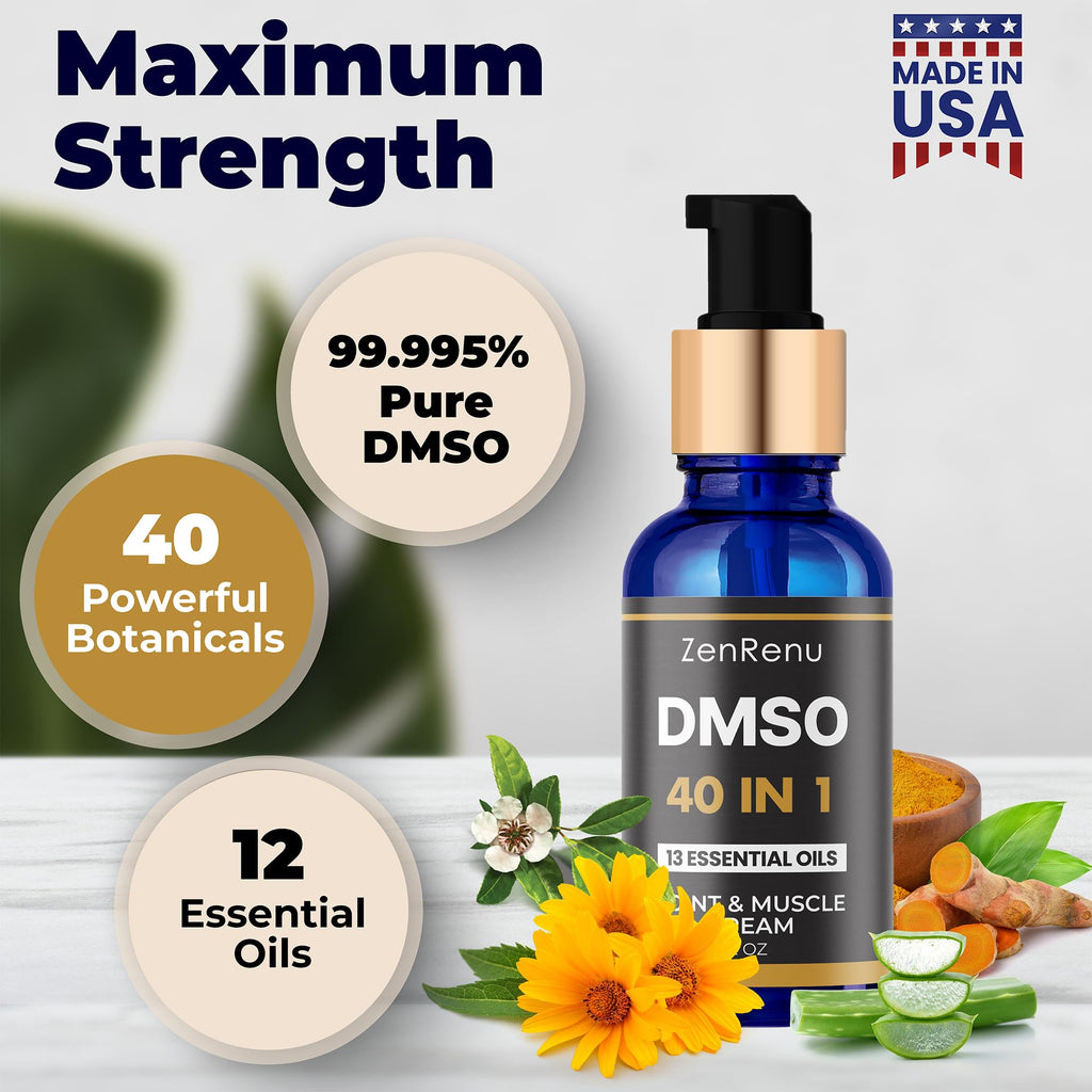 Zenrenu DMSO Cream 99.995% Pure Pharmaceutical Grade - 40-in-1 Advanced Formula -12 Essential Oils, Arnica, Aloe Vera, MSM - Fast-Absorbing Cream – 2 oz Glass Pump Bottle – Made in USA ZenrenuBuy Supplements Australia