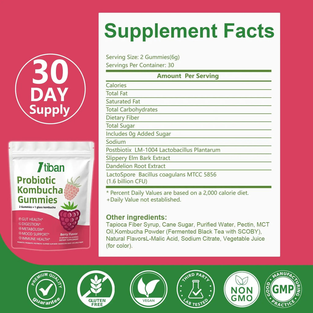 Itiban Probiotic Kombucha Gummy - Prebiotics, Probiotics, Postbiotics, Fiber Supplement, Slippery Elm for Bloating, Gut Health, Women and Men, 60ct ItibanBuy Supplements Australia