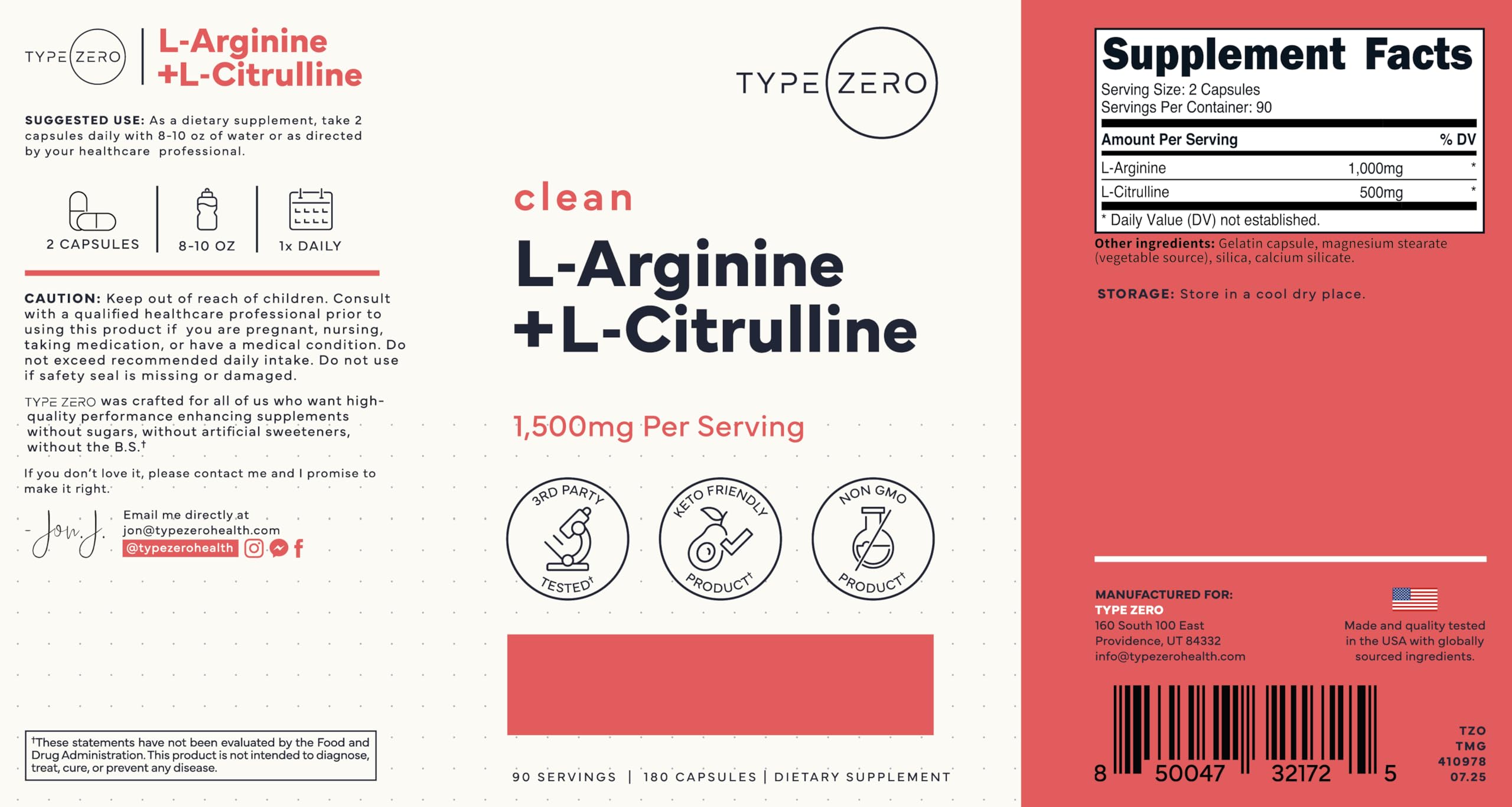 Type Zero L-Arginine + L-Citrulline Supplement (1500mg) - Nitric Oxide Booster - Clean, Keto-Friendly, GMO-Free, 180 Capsules, 90 Servings Type ZeroBuy Supplements Australia