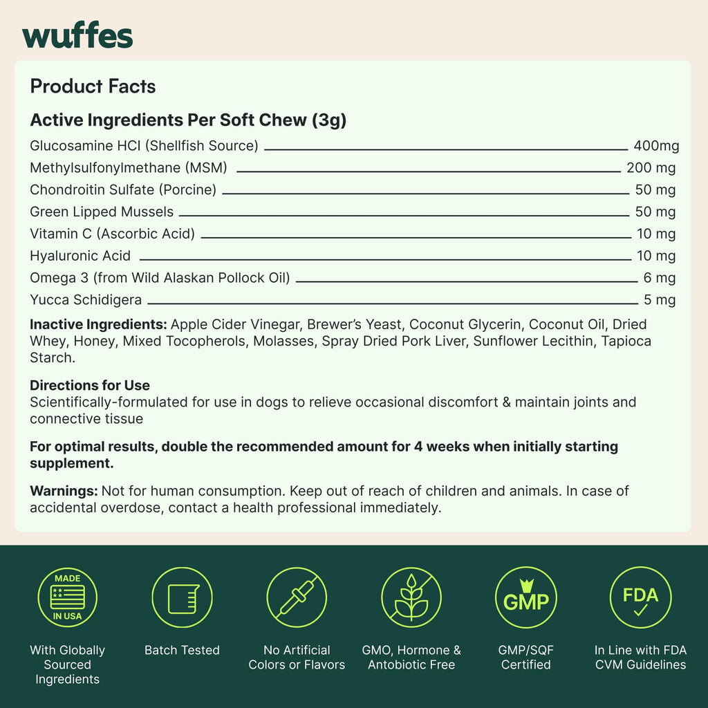 Wuffes Advanced Dog Hip and Joint Supplement with Glucosamine, Chondroitin, Omega 3, MSM, and Green Lipped Mussel, 60 Pork Flavored Chews for Small and Medium Dog Breeds WuffesBuy Supplements Australia