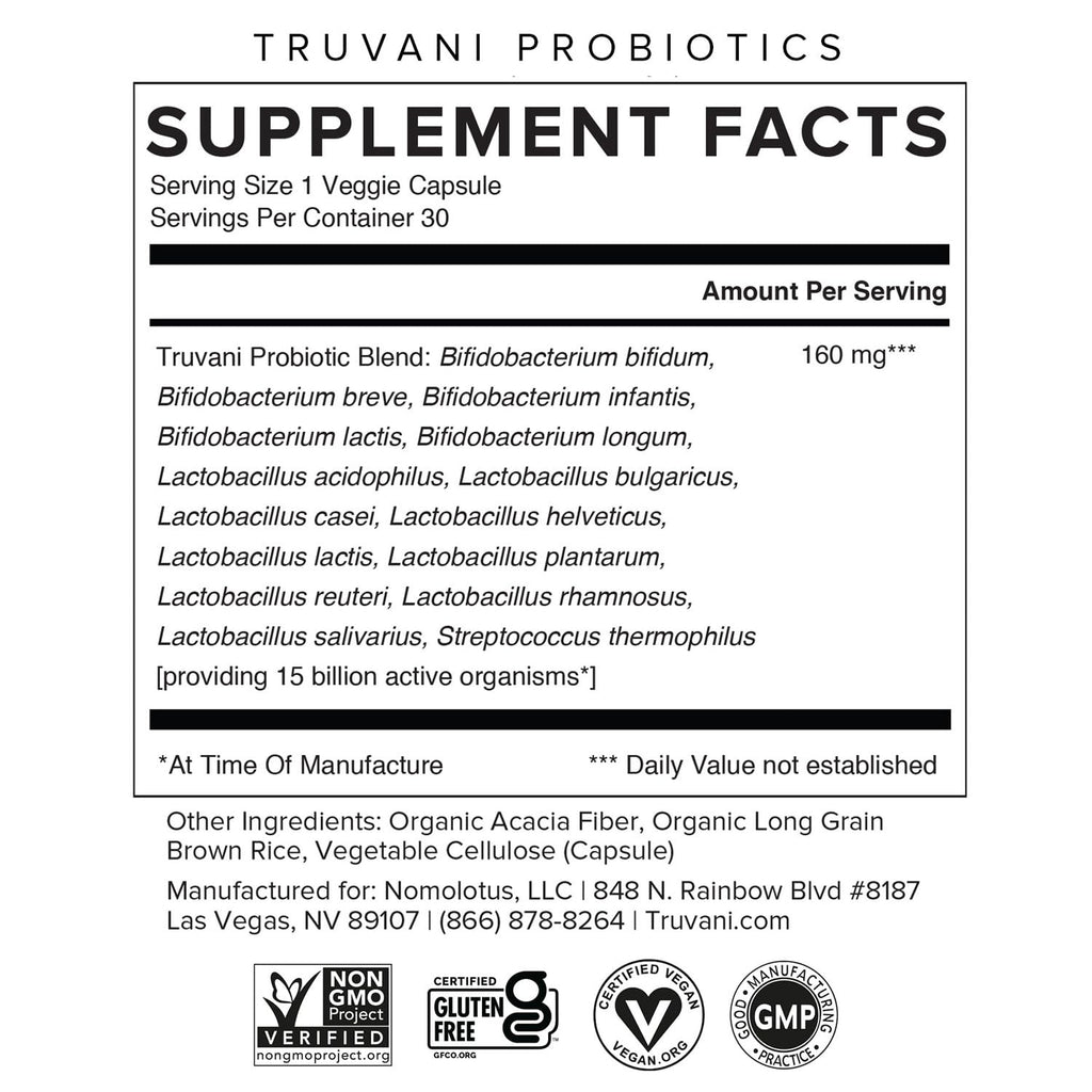 Truvani Probiotic Supplement | 30 Servings | 15 Billion CFU | 15 Diverse Strains for Digestive, Immune & Brain Health Support | Shelf-Stable Vegan Capsules | Non-GMO, No Fillers TruvaniBuy Supplements Australia