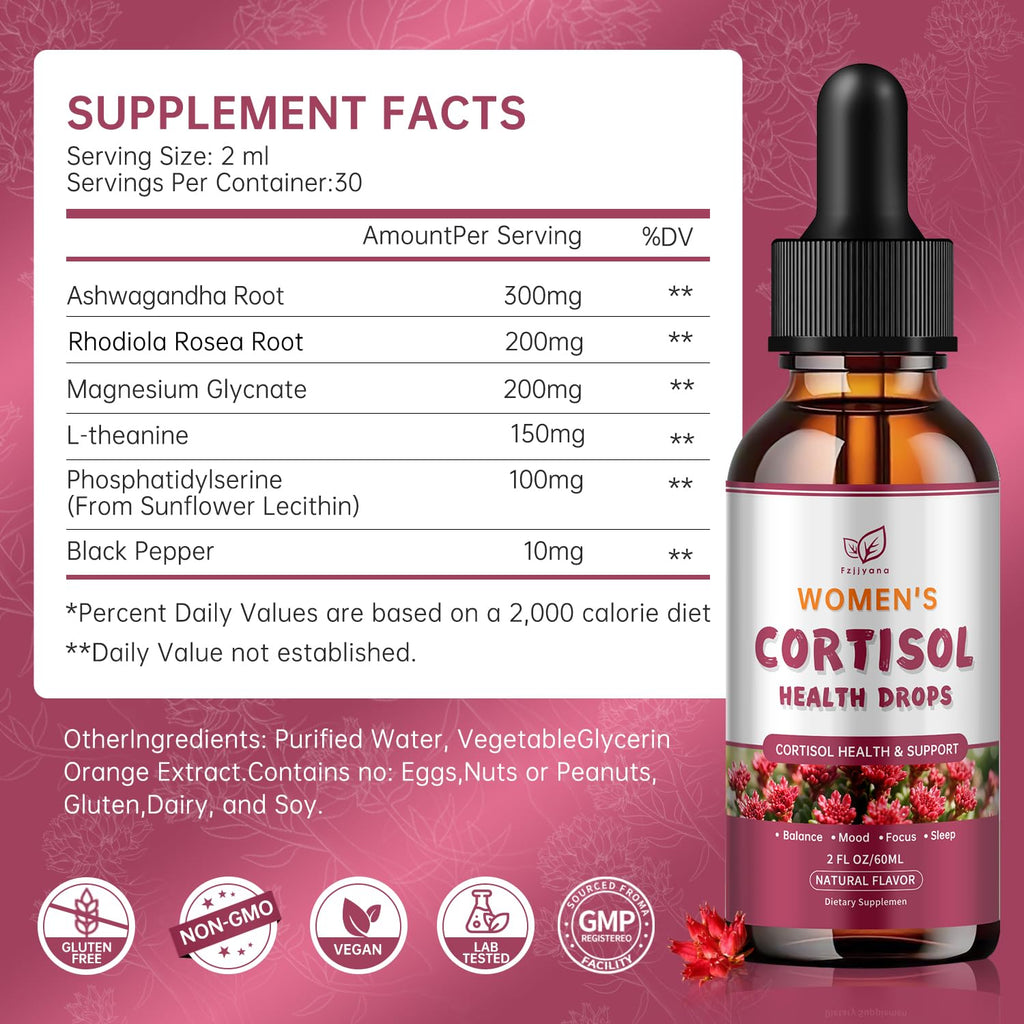 Cortisol Manager Liquid Drops, Cortisol Supplements for Women, with magnesium ashwagandha, rhodiola rosea,l-theanine,Phosphatidylserine-Promote Relaxation and Support Mood- 30 Day Vegan Supply FzjjyanaBuy Supplements Australia