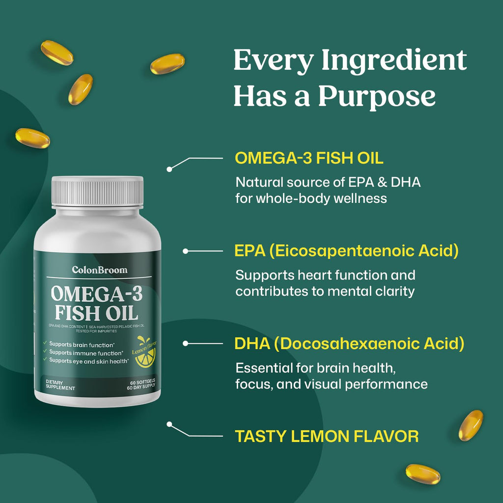 ColonBroom Omega 3 Fish Oil 2640 mg Softgels | Lemon Flavor | Daily Fish Oil Omega-3 Supplement for Women & Men with EPA & DHA | Gluten-Free, Non-GMO, Natural (60 Softgels, 2 Month Supply) ColonBroomBuy Supplements Australia