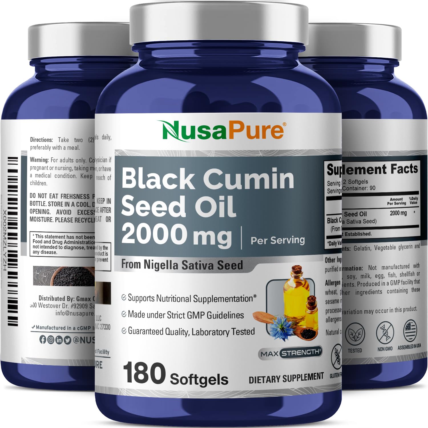 NusaPure Black Seed Oil 2000mg per Serving - 180 Softgel Caps (Non-GMO, Gluten-Free) Cold-Pressed Nigella Sativa NusaPureBuy Supplements Australia