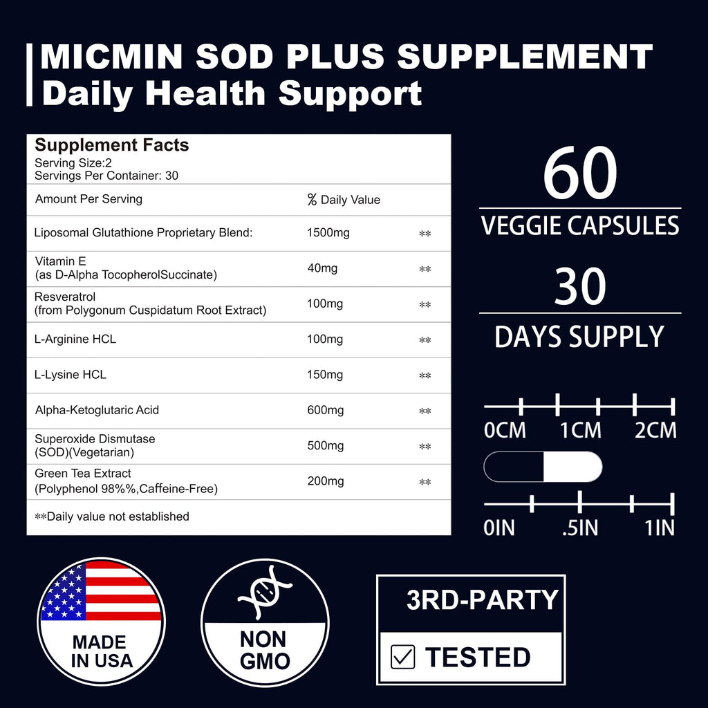 NICMIN 500MG Superoxide Dismutase Supplement - SOD Plus with Liposomal Glutathione, AKG, Green Tea Extract, L-Arginine, Lysine, Resveratrol and Vitamin E for Immune Support, Antioxidant 120 Capsules NICMINBuy Supplements Australia