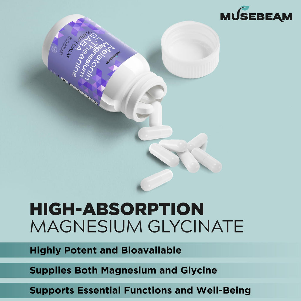 MuseBeam Magnesium Glycinate 275mg Melatonin 5mg L-Theanine 200mg GABA 100mg Capsules - Full Rest Nighttime Bedtime Support Supplement for Men Women - Vegan Sugar-Free Gluten-Free musebeamBuy Supplements Australia