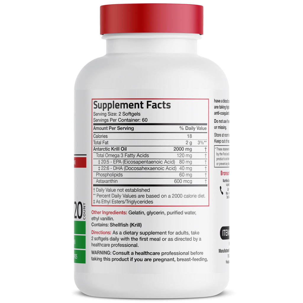 Bronson Antarctic Krill Oil 2000 mg with Omega-3s EPA, DHA, Astaxanthin and Phospholipids 120 Softgels (60 Servings)