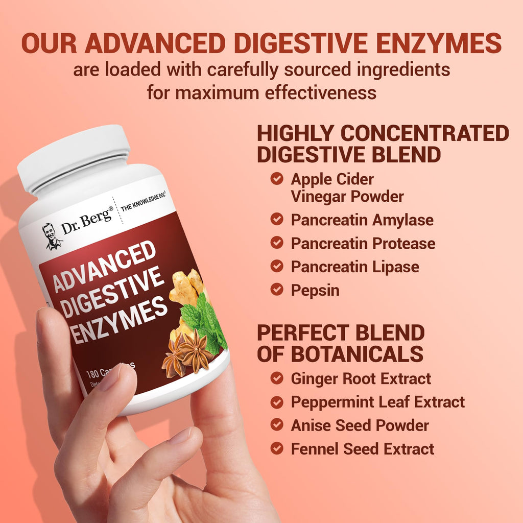 Dr. Berg Advanced Digestive Enzymes with Apple Cider Vinegar - Includes Digestive Health Ingredients Like Betaine Hydrochloride (HCI), Ginger Root & Peppermint Leaf - 180 Capsules Dr. Berg NutritionalsBuy Supplements Australia