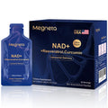 Megneta NAD+ supplement packaging with blue box and clear pouch on a white background