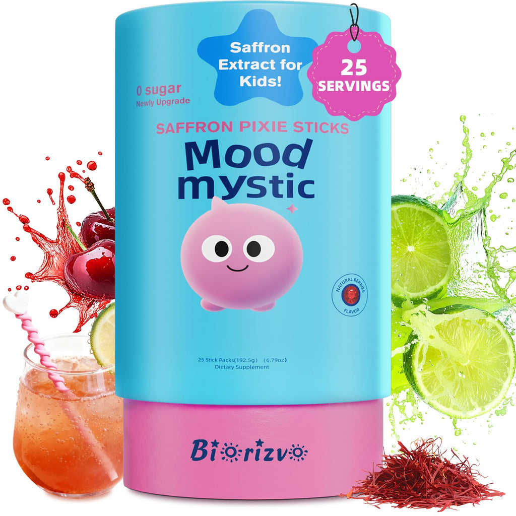 Biorizvo Saffron Drink for Kids - Saffron Exact Drink Mix with GABA, Magnesium & Vitamin D3 - Supports Mood Focus & Sleep, Calms Temper Tantrums, Fruit Punch Drink Sticks Mix for Kids 4+, Sugar-Free Biorizvo buy supplements Au