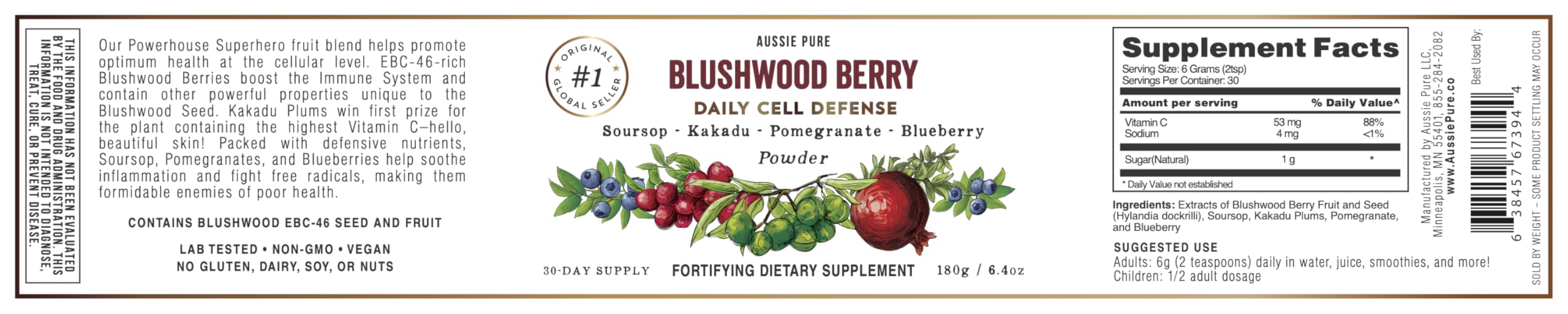 Aussie Pure Blushwood Berry Superfruit Daily Cell Defense - Soursop - Kakadu Plum - Pomegranate - Blueberry - Immune and Cell Support Powder - All Ages - Lab Tested and Authenticated - 180g/6.4oz Aussie Pure buy supplements Au