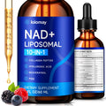 NAD+ LIPOSOMAL dietary supplement bottle with dropper and berries on a white background
