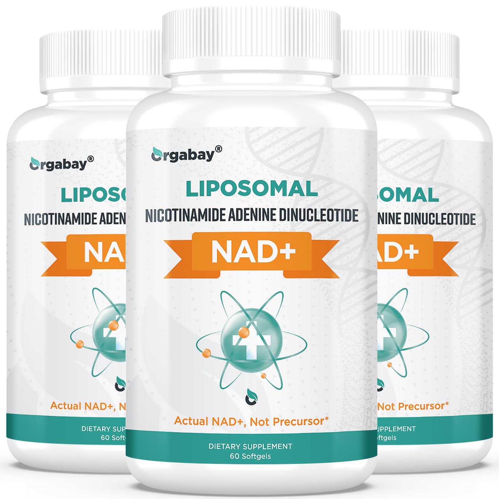 Three bottles of Orgabay LIPOSOMAL NAD+ dietary supplements on a white background