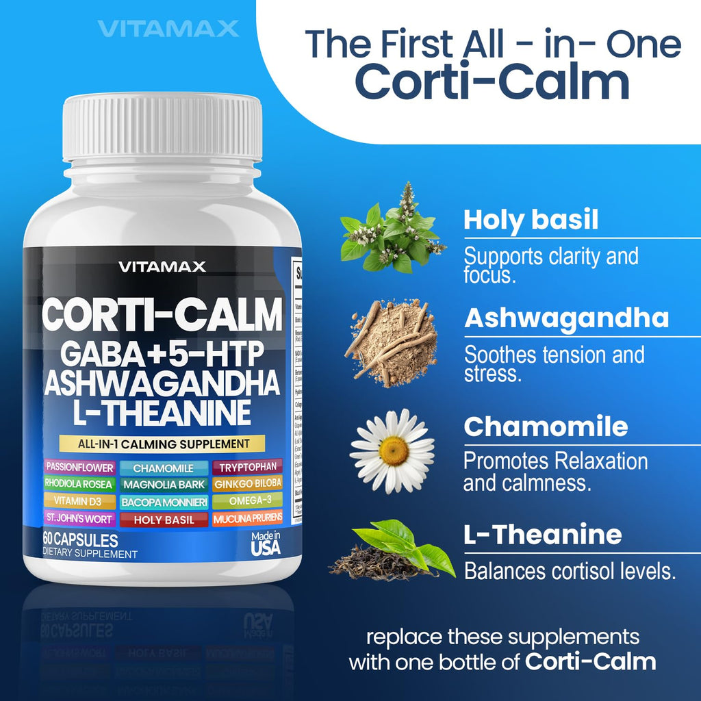 Corti-Calm Cortisol Supplement, L Theanine, Ashwagandha, Vitamin D 3, GABA for Relaxation, Fatigue & Focus with Ginkgo Biloba, Bacopa Monnieri, 5-HTP – Non-GMO, Made in USA – 60ct VitamaxBuy Supplements Australia