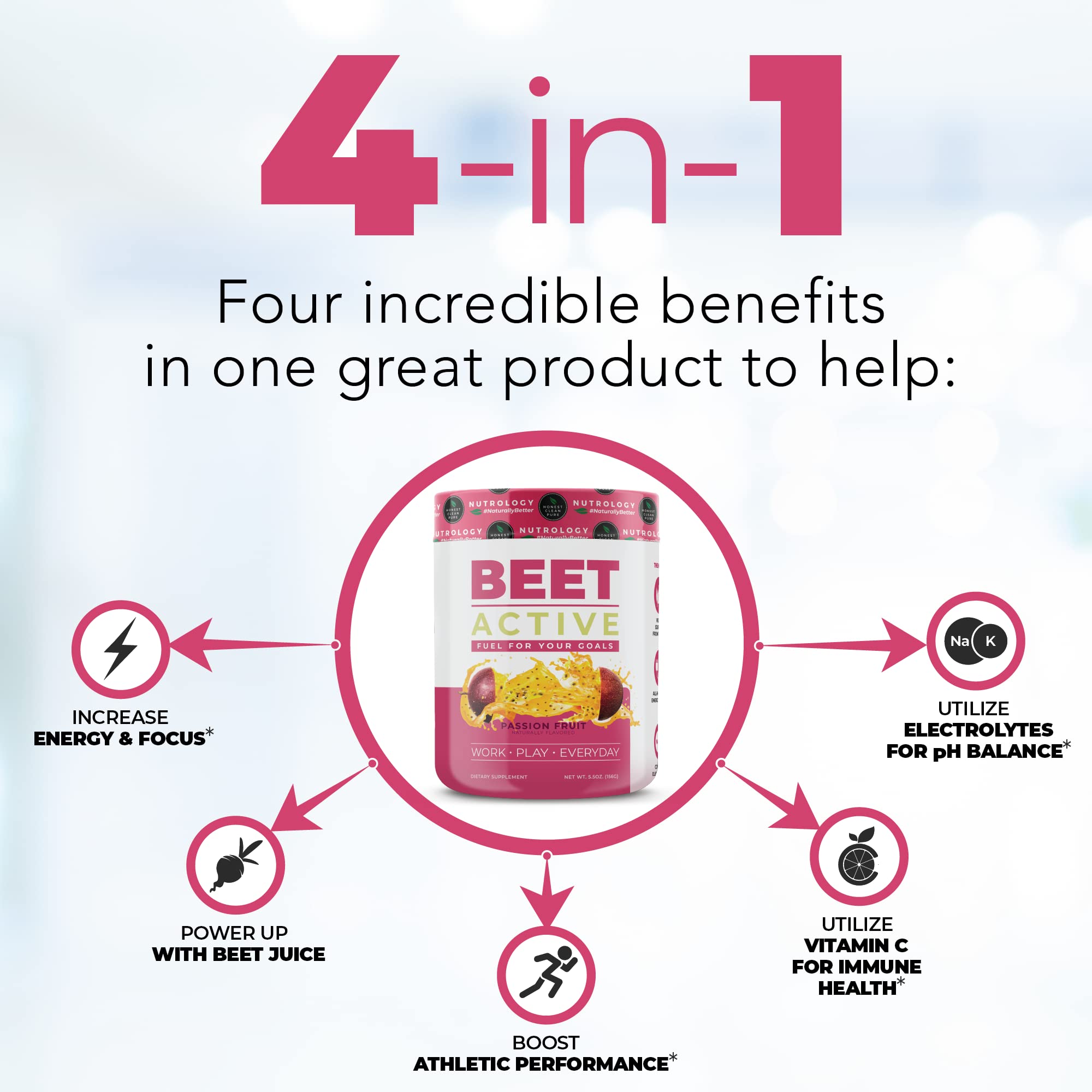 Nutrology Beet Active, Natural Pre-Workout Powder, Supports Energy, Endurance & Nitric Oxide Flow with Beet Powder, Yerba Mate & Electrolytes, Vegan Pre Workout, Passion Fruit Flavor, 30 Servings