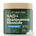 Supplement jar labeled 'NAD+ Nicotinamide Riboside + Resveratrol' by Nature.Zian on a white background.
