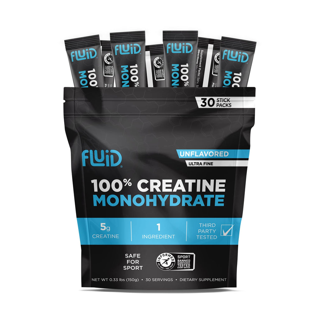 Fluid Creatine - Informed Sport Certified | Ultra-Fine Micronized 100% Creatine Monohydrate Powder | Unflavored | 5g Travel Stick Packs | 30 Servings Fluid buy supplements Au