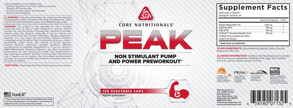 Core Nutritionals Peak, Non-Stimulant Preworkout with VasoDrive-AP® and Peak ATP® for Pumps and Endurance, (120 Count)