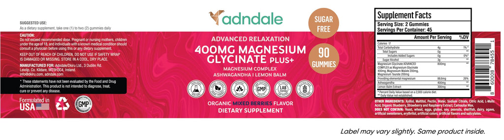 Adndale 90 CT Magnesium Glycinate 400 mg Gummies with Ashwagandha, Magnesium Malate & Taurate, Sugar Free Magnesium Gummies