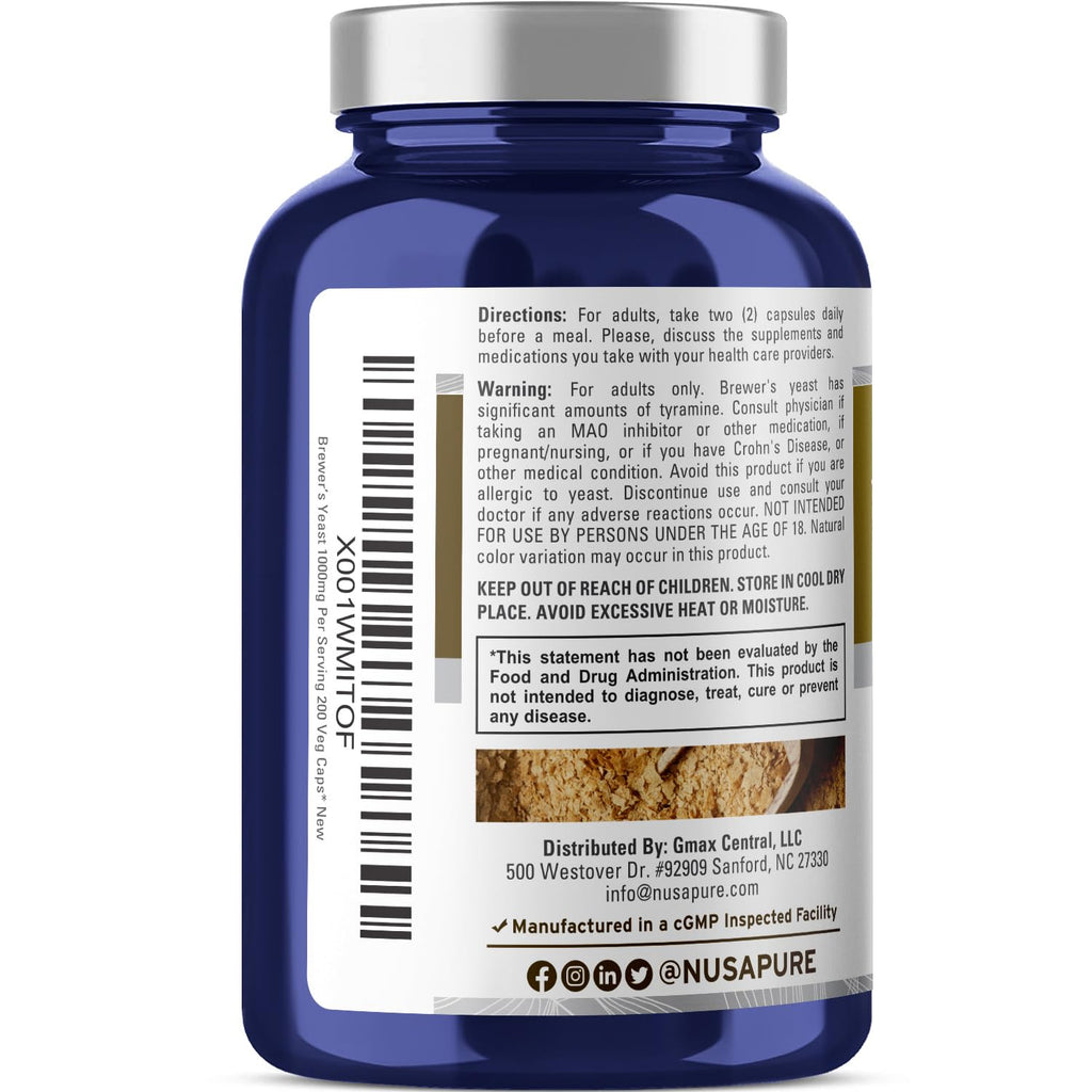 NusaPure Brewer’s Yeast - Suitable for Vegetarian/Vegan, Non - GMO - 1000mg 200 Capsules NusaPureBuy Supplements Australia
