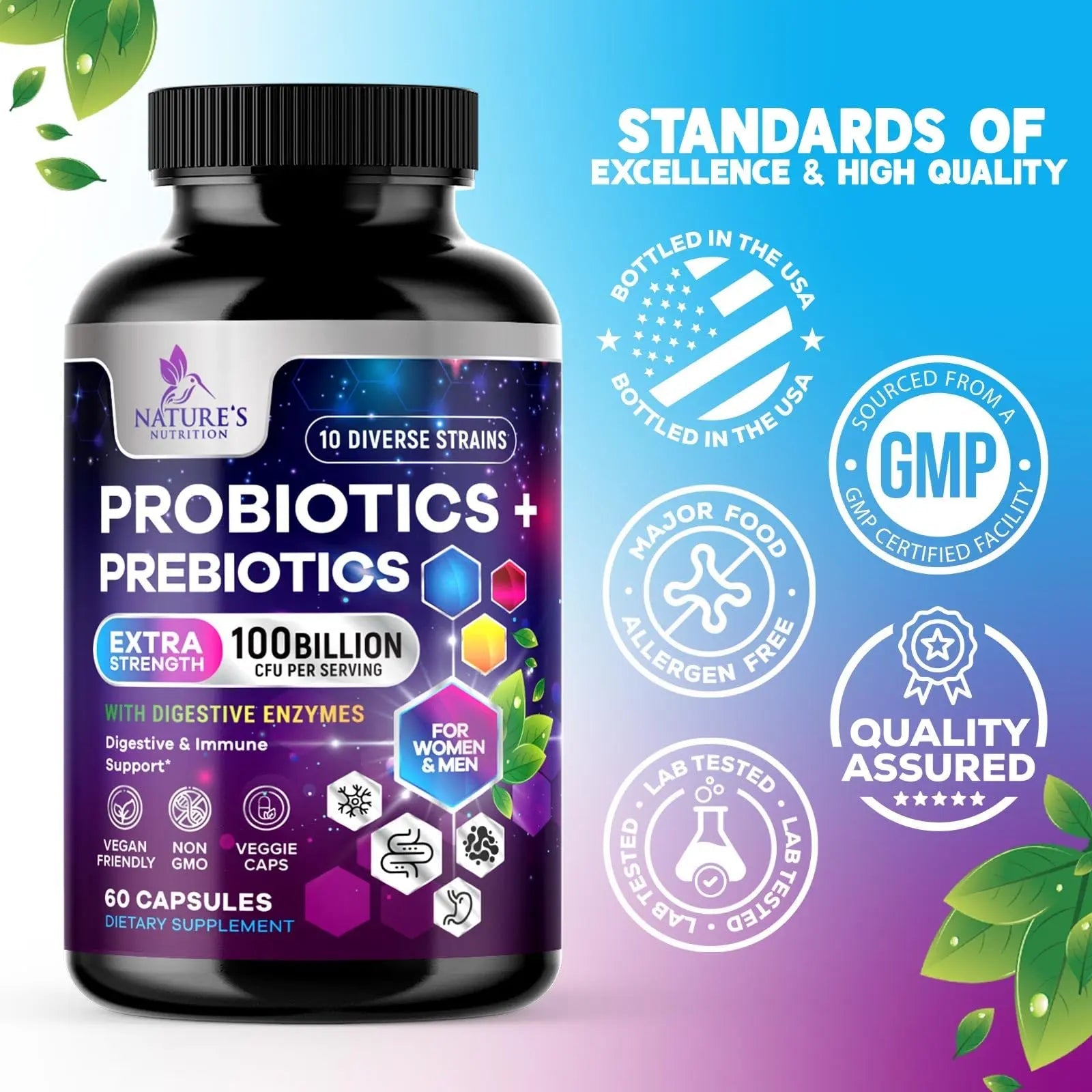 Probiotics 100 Billion CFU Per Serving - 10 Probiotic Strains & Prebiotics - Digestive Gut Health, Immune Support & Occasional Constipation, Gas & Bloating - Daily Supplement For Adults - 60 Capsules Nature's NutritionBuy Supplements Australia