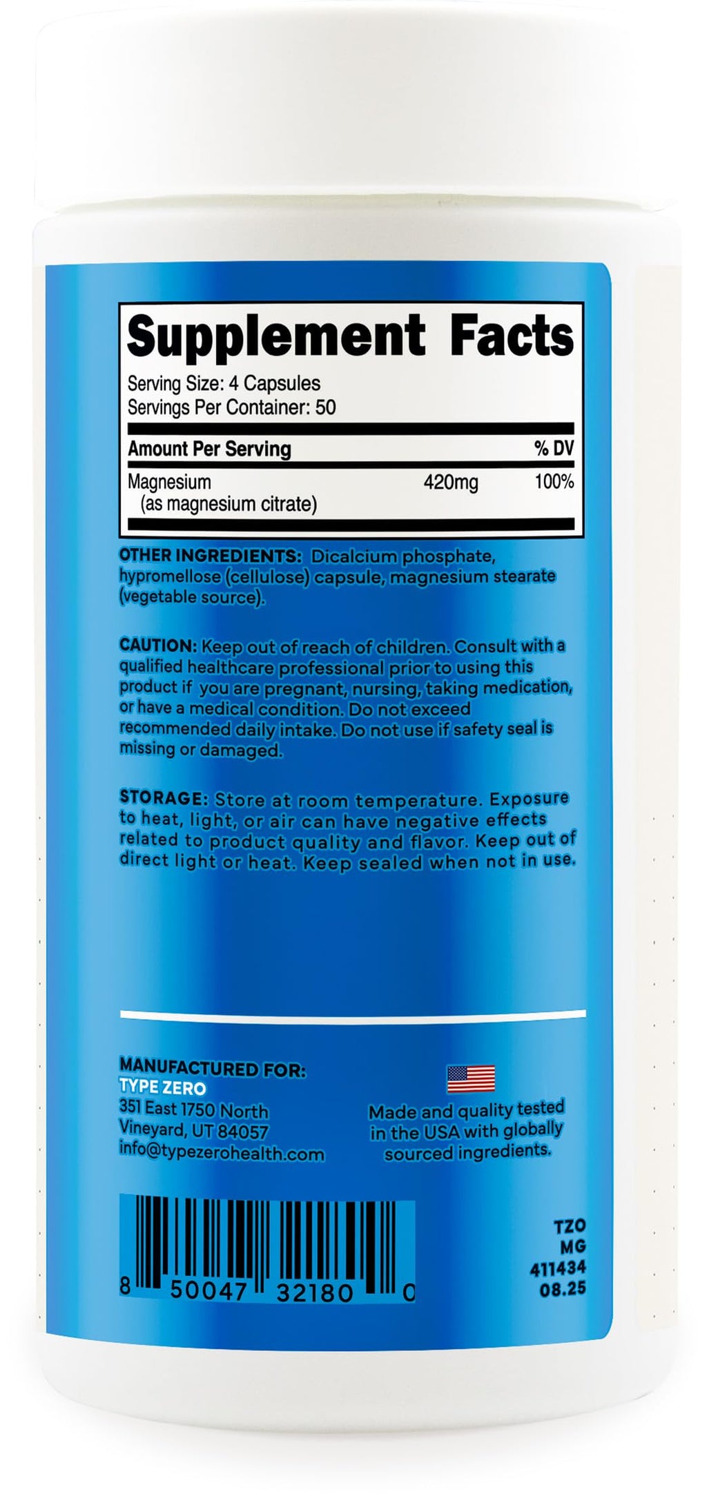 Type Zero Clean Magnesium Citrate Capsules (420mg Per Serving - 200 Capsules) Pure Magnesium Citrate Supplement, Non-GMO - Gluten Free, 50 Servings Type ZeroBuy Supplements Australia