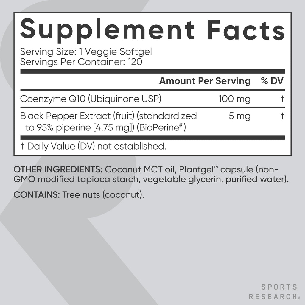 Sports Research CoQ10 (100mg) Enhanced w/Coconut Oil & Bioperine (Black Pepper) for Better Absorption | Vegan Certified, Non-GMO Verified (120 Veggie Softgels) Sports Research buy supplements Au