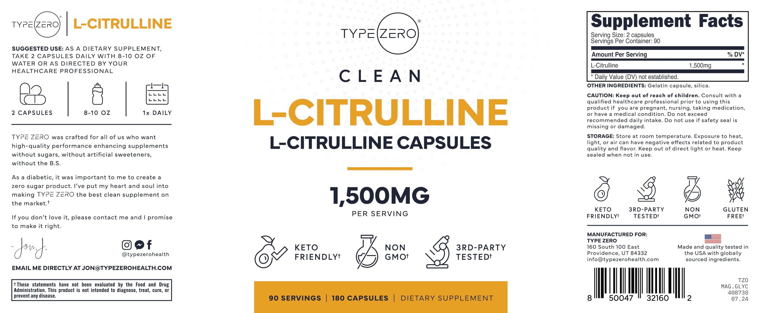 Type Zero L-Citrulline Capsules (180 Capsules) (1500 mg per Serving) - GMO-Free Type ZeroBuy Supplements Australia