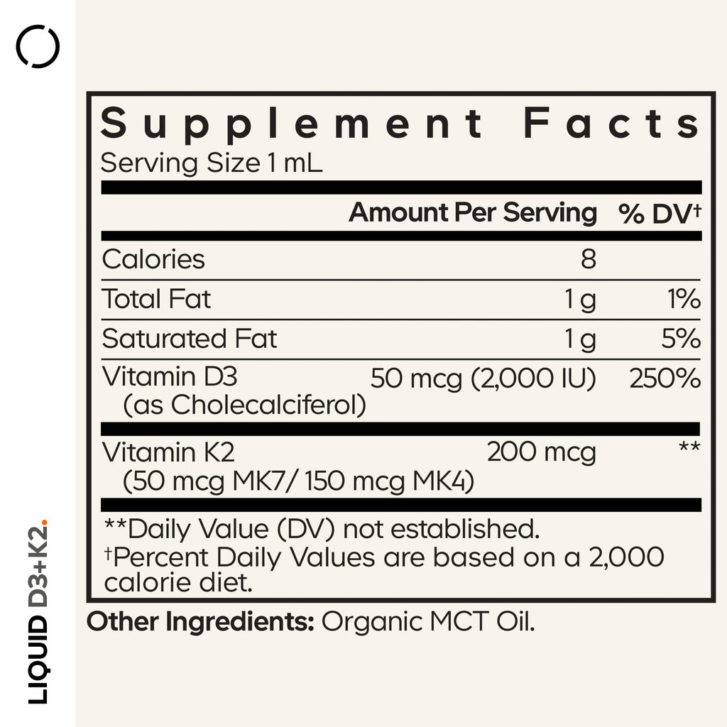 Codeage Liquid D3+K2 Vitamins USDA Organic - Vitamin D3 2000 IU, Vitamin K2 (MK4 & MK7) Liquid Drops - Immune Support - Unflavored - Organic MCT Oil - Non-GMO - 1 fl oz CodeageBuy Supplements Australia