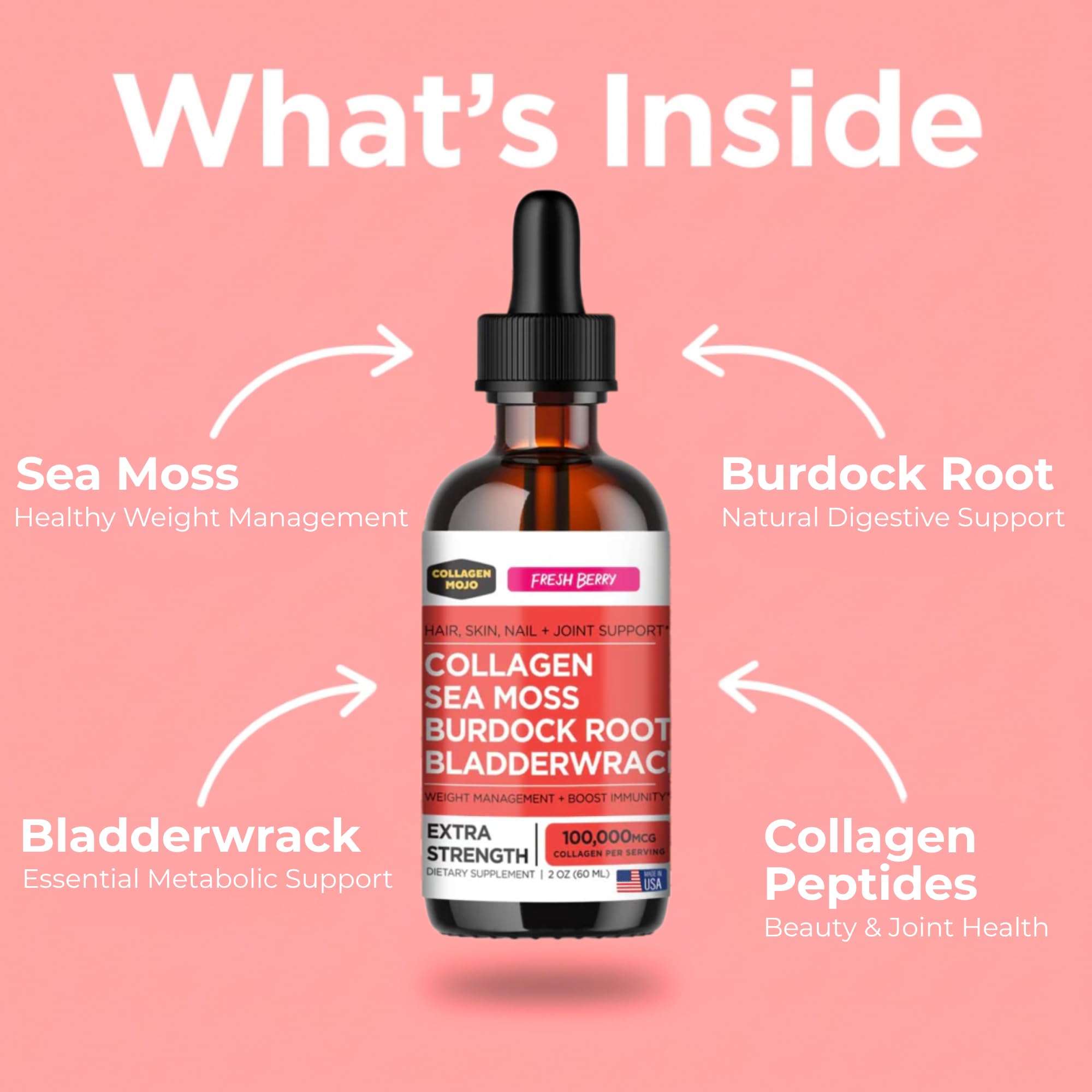 Collagen Mojo - Liquid Collagen with Irish Sea Moss for Women & Men - Collagen Peptides Drops with Burdock Root & Bladderwrack - Hair, Skin, Nails, Joint & Weight Management - 100,000mcg, 2 Oz Collagen Mojo buy supplements Au