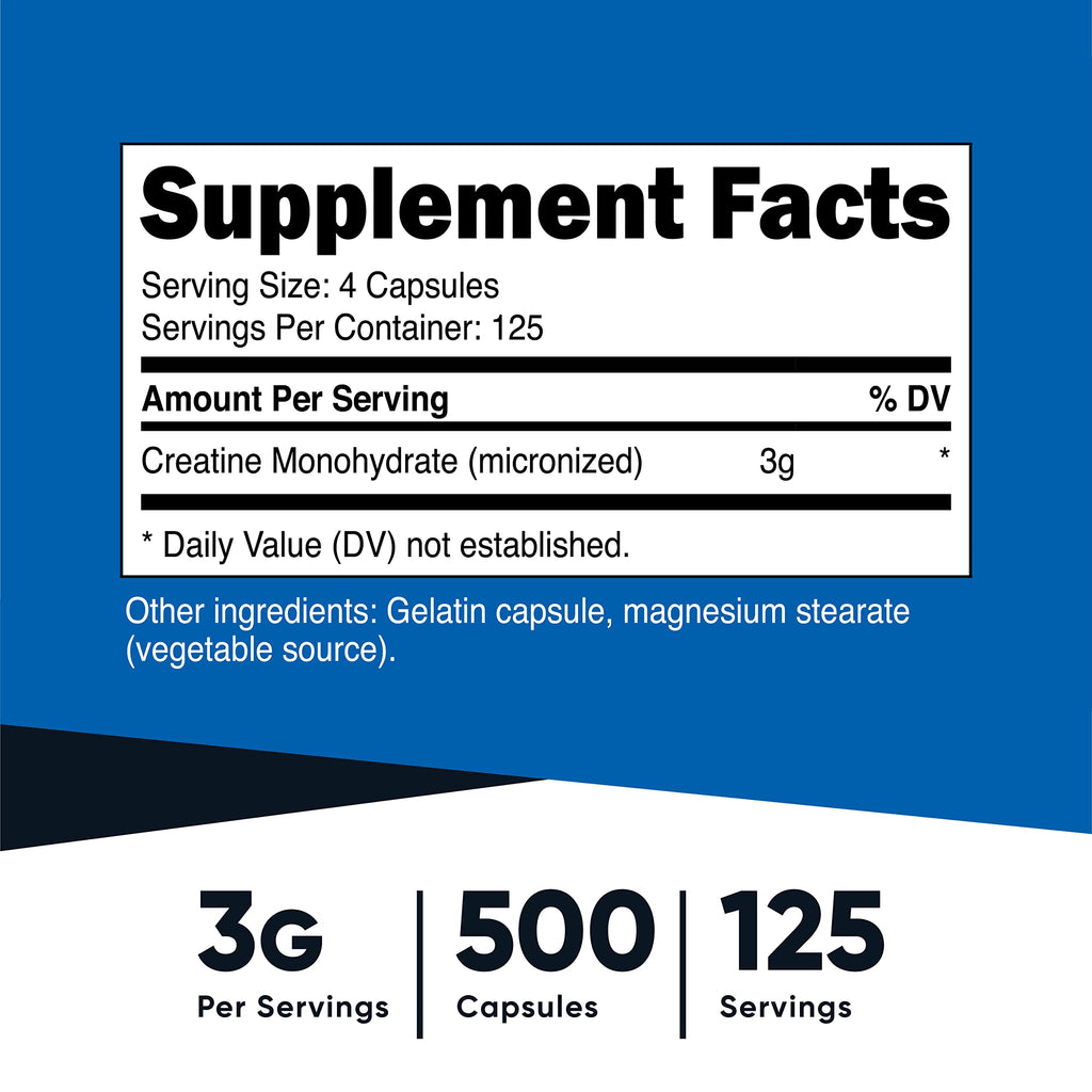 Nutricost Creatine Monohydrate 3000mg (750mg Per Cap), 500 Capsules (3 Bottles) NutricostBuy Supplements Australia