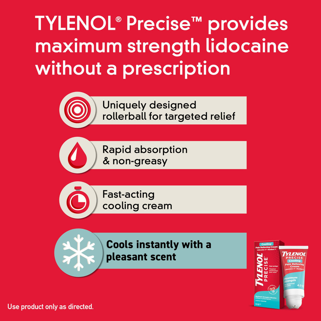 Tylenol Precise Cooling Cream, Strong Pain Relief with Fast-Acting Sensation, 4% Lidocaine, 1% Menthol, Maximum OTC Strength Relief for Back, Muscle & Joint, Numbing Cream Rollerball Applicator, 4 oz TylenolBuy Supplements Australia