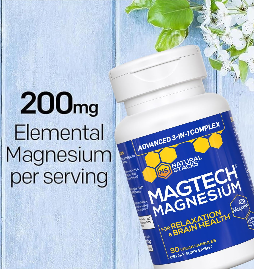 Magtein Magnesium L-Threonate, Glycinate & Taurate – 200mg Chelated Magnesium Complex – MagTech Magnesium Supplement for Relaxation & Brain Health – 90 Capsules NATURAL STACKSBuy Supplements Australia