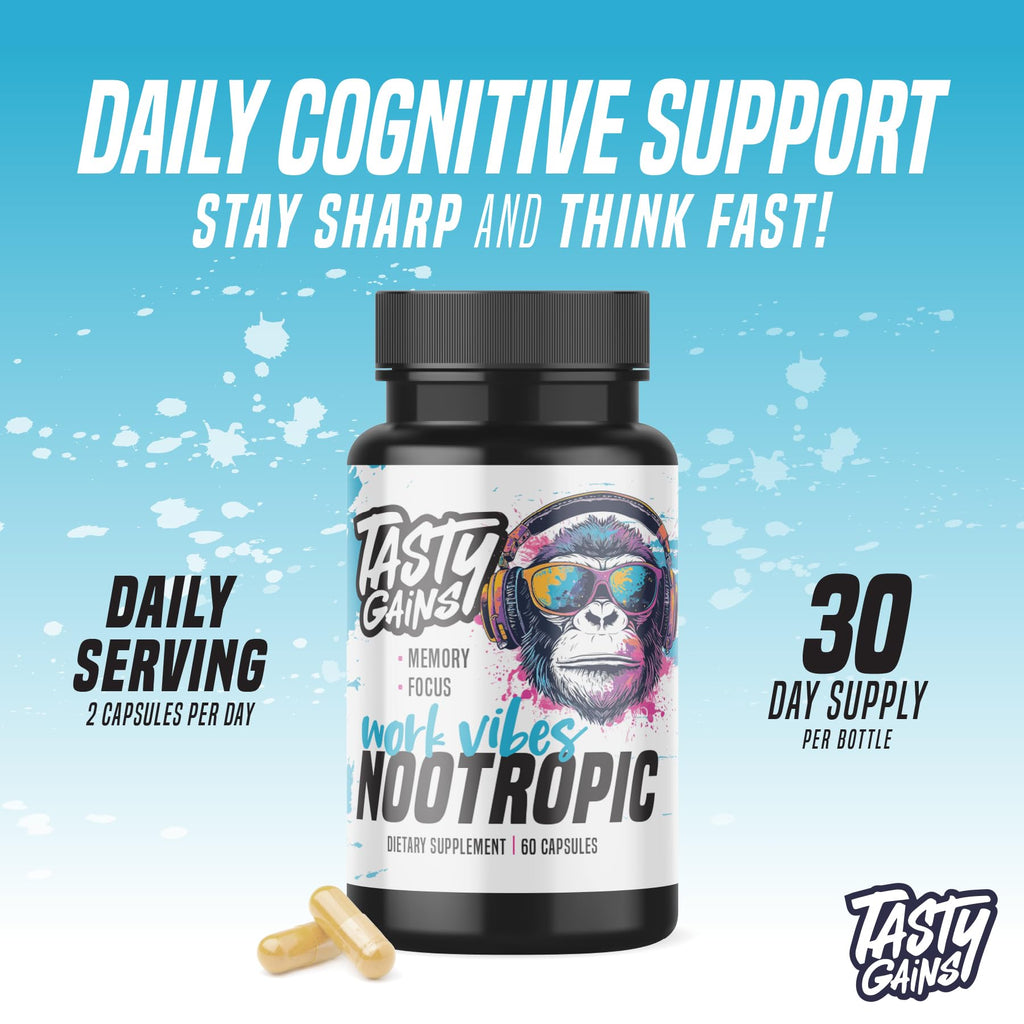 Nootropic Brain Supplement for Memory and Focus - Vitamin for Mental Health & Brain Health with L-Theanine, Rhodiola Rosea & Phosphatidylserine - Memory, Mental Clarity & Cognitive Improvement - 60 Ct TASTY GAINSBuy Supplements Australia