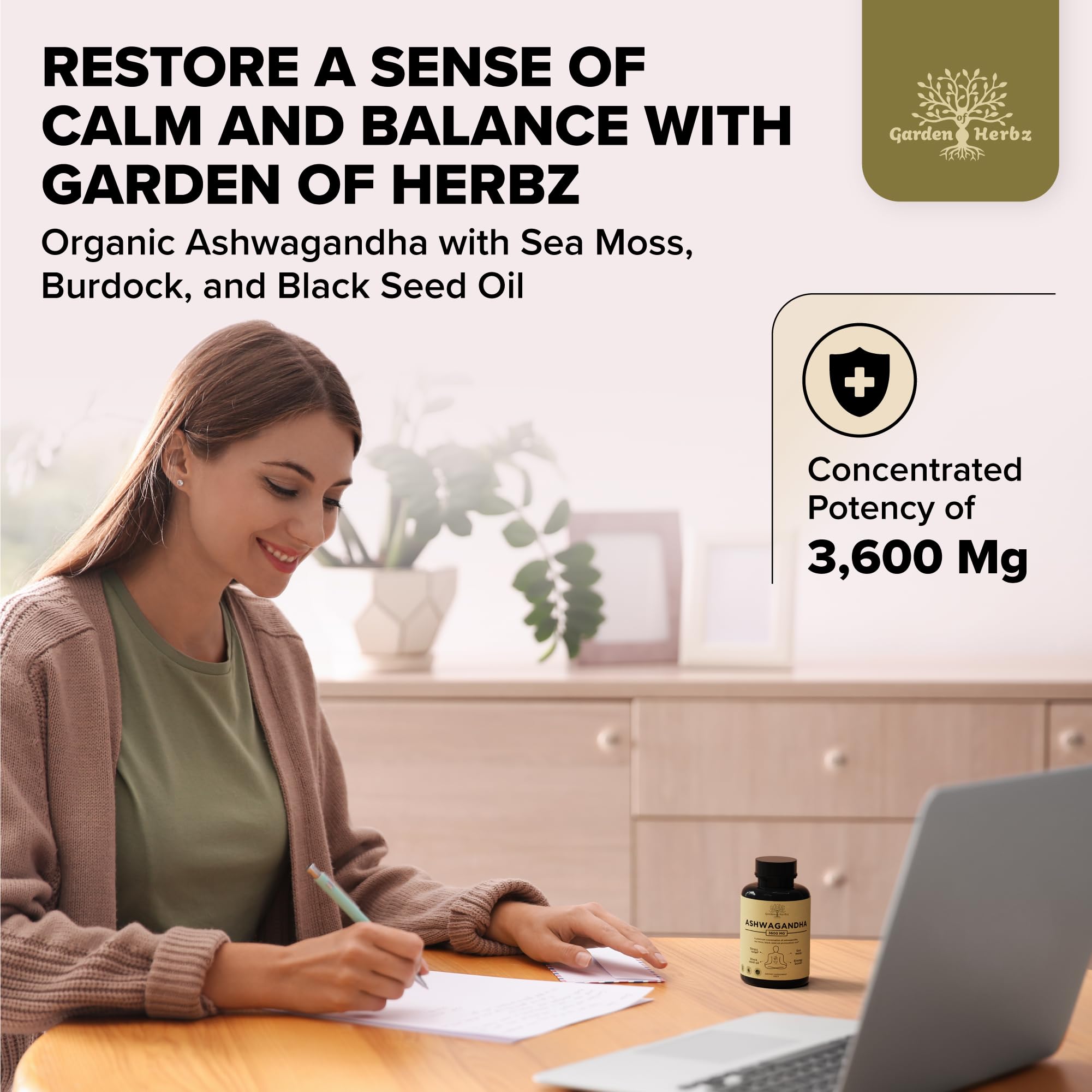 Garden of Herbz Organic Ashwagandha Root & Irish Sea Moss – 3,600 mg Ashwagandha Supplement with Black Seed Oil, & Burdock Root – Herbal Supplement for Energy, Calm, Mood, & Wellness, 120 Caps Garden of HerbzBuy Supplements Australia