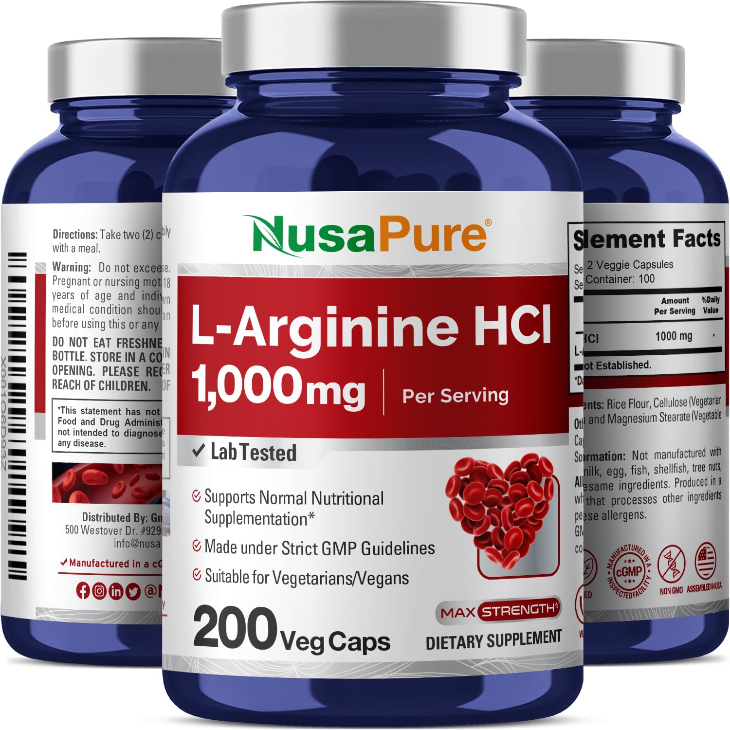 NusaPure L-Arginine 1000 mg 200 Veggie Capsules (Non-GMO, Vegetarian, Vegan) NusaPureBuy Supplements Australia