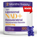 Supplement bottle labeled 'Liposomal NAD+ Resveratrol' with a gummy bear on a white background