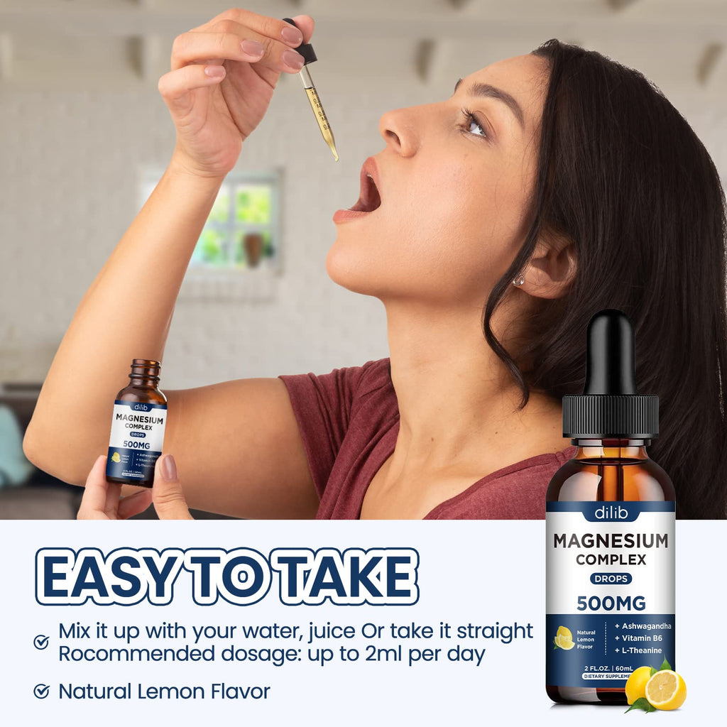 Magnesium Glycinate Liquid Drops, Triple Magnesium Complex Supplement with Citrate, Malate 500mg Ashwagandha, L-Theanine, Vitamin B6 for Sleep, Calm, Stress Relief, Bone, Muscle, Mood - Lemon Flavor dilibBuy Supplements Australia