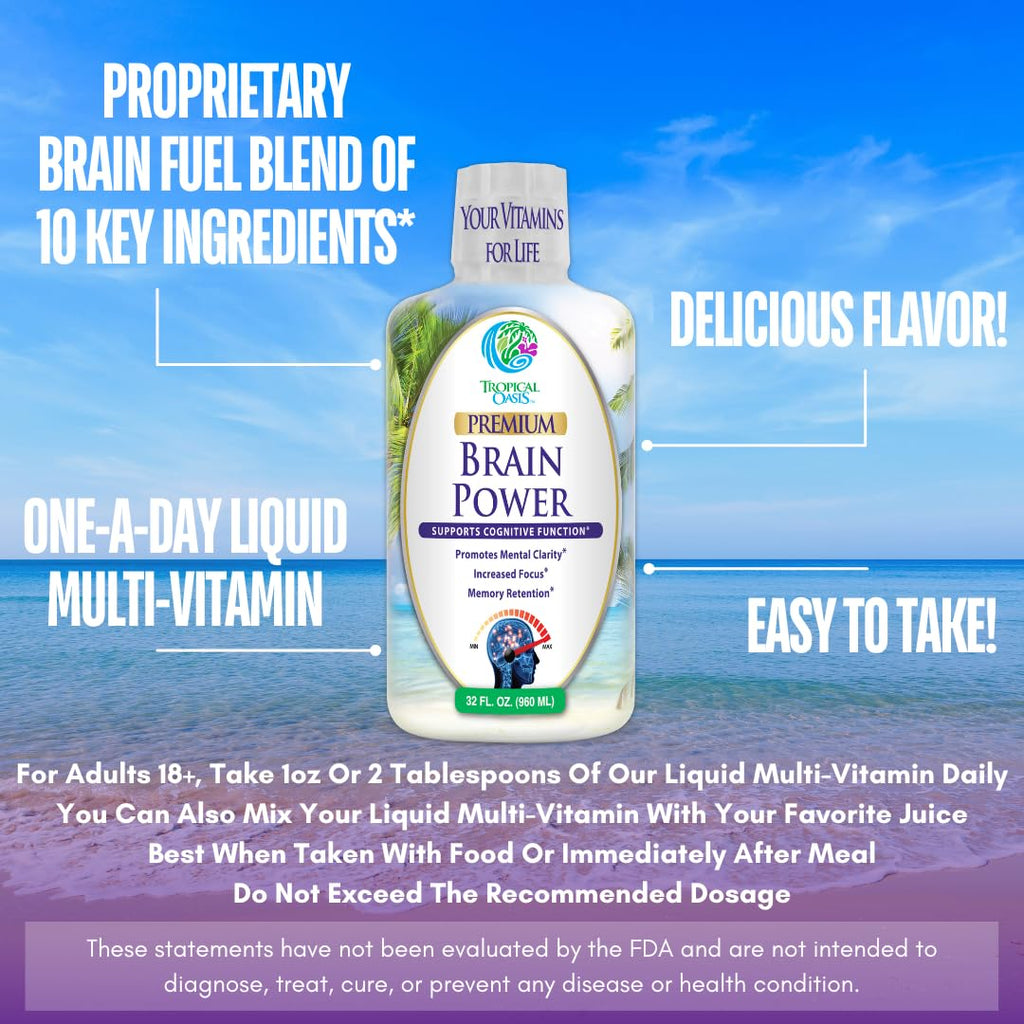 Tropical Oasis - Brain Power | Liquid Nootropic Supplement - Promotes Mental Clarity, Focus, and Memory Retention (Unflavored, 32 Servings) Tropical OasisBuy Supplements Australia