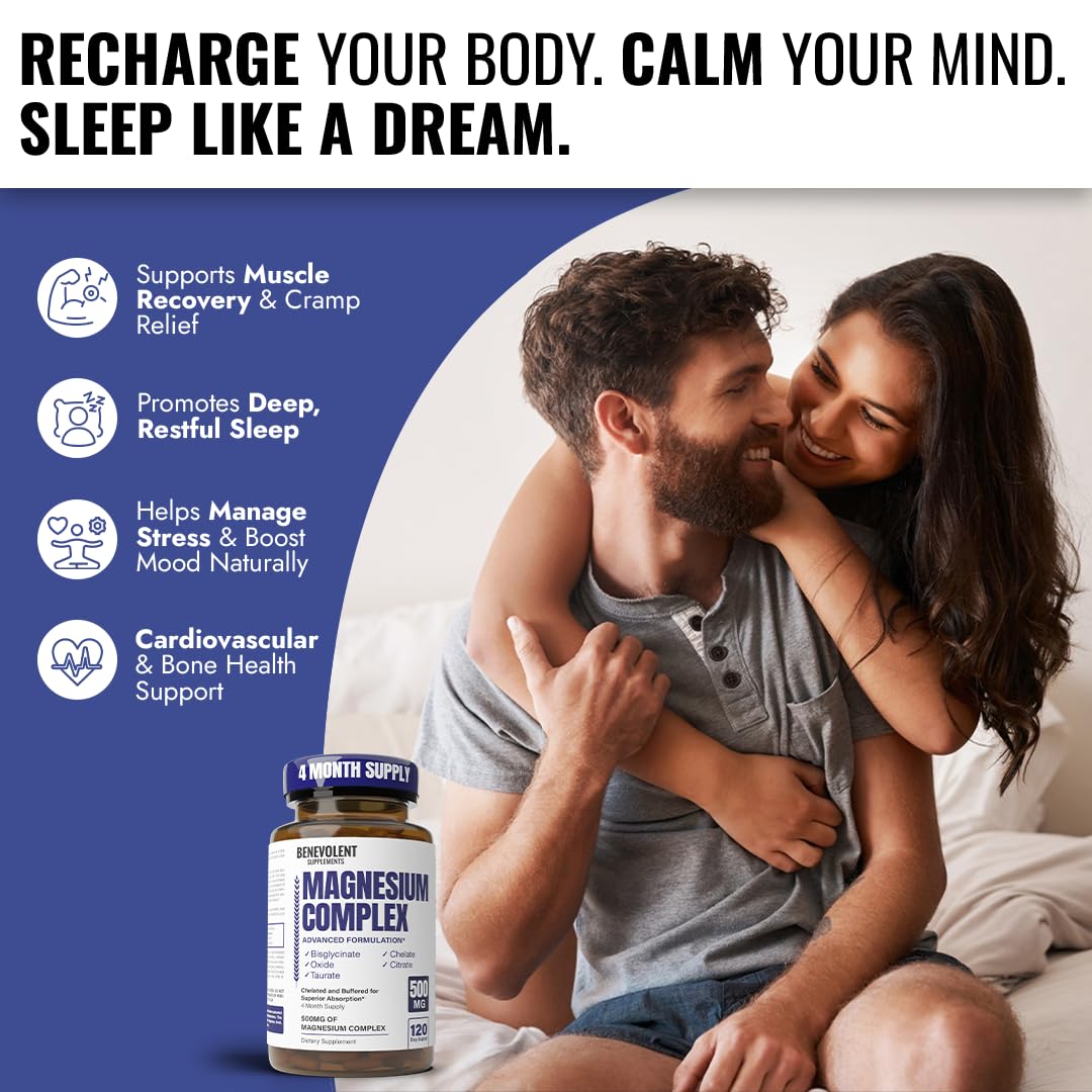 Magnesium Complex Supplement, 4 Month Supply of 500mg 5-in-1 Bisglycinate, Oxide, Taurate, Aspartate, Citrate, Max Absorption Magnesium Supplement for Calm, Sleep & Leg Cramps, 120 Capsule Benevolent Nourishment buy supplements Au
