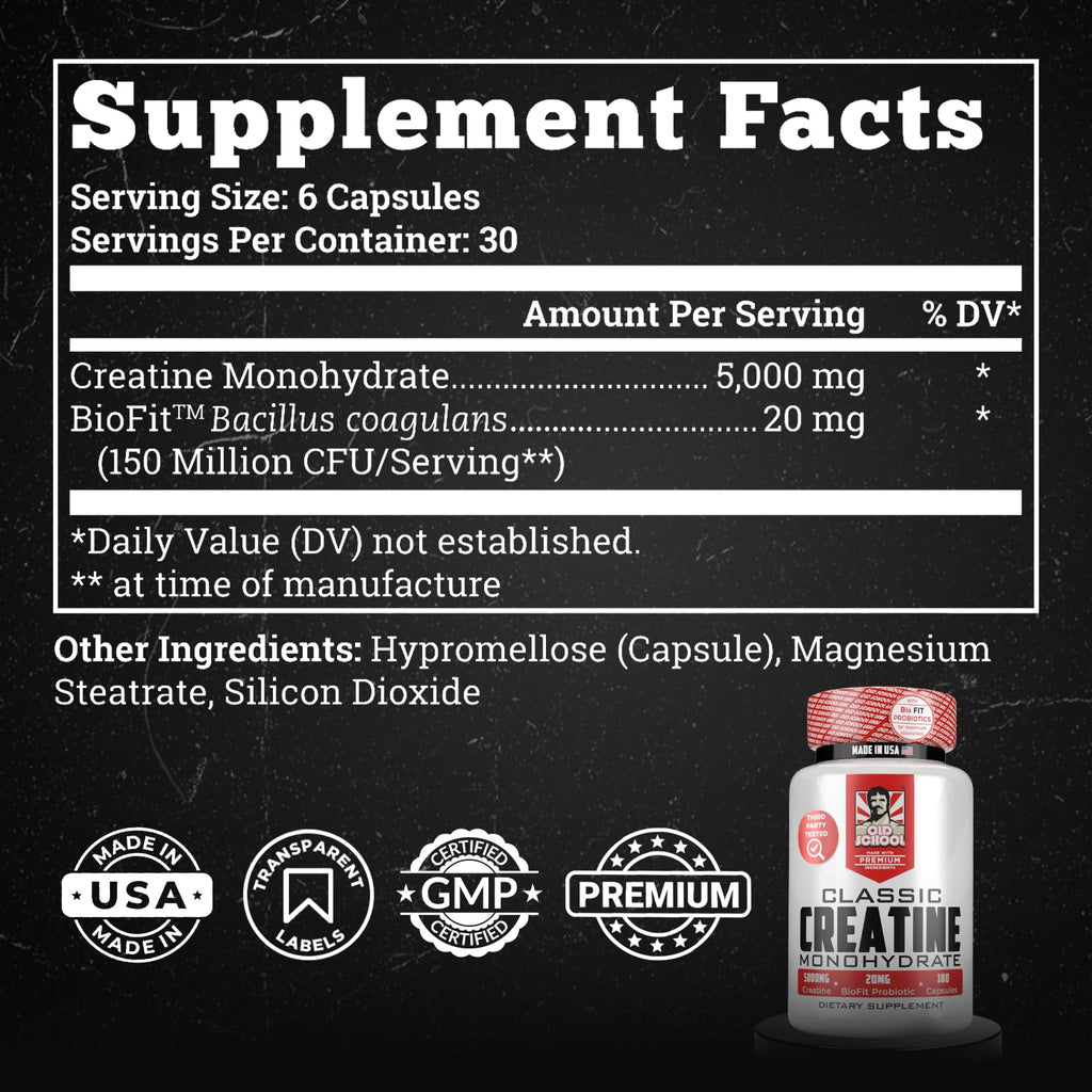 Old School Labs 5000mg Creatine Monohydrate Capsules With BioFit™ (Max Strength) Supports Muscle Growth & Recovery, Performance, Cognitive Health - Creatine Pills for Men & Women, Made in USA 180 Caps Old School LabsBuy Supplements Australia