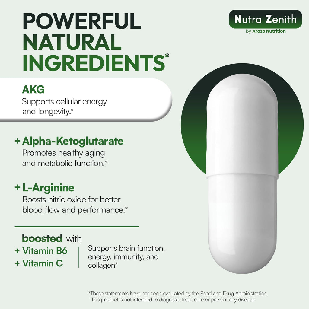 AKG Anti-Aging & Energy Boost Supplement with Vitamin B6, Vitamin C & L-Arginine – 60 Capsules for Youthful Skin, Cellular Renewal & Vitality Support Arazo NutritionBuy Supplements Australia