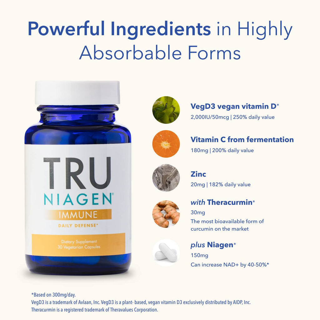 TRU NIAGEN Immune Support Supplement - Daily Defense - Vitamin C from Fermentation, Vegan Vitamin D3 2000 IU, Zinc, Plus Theracurmin (Curcumin) + Multi Award-Winning NAD Boosting Niagen 150mg 30ct TRU NIAGENBuy Supplements Australia