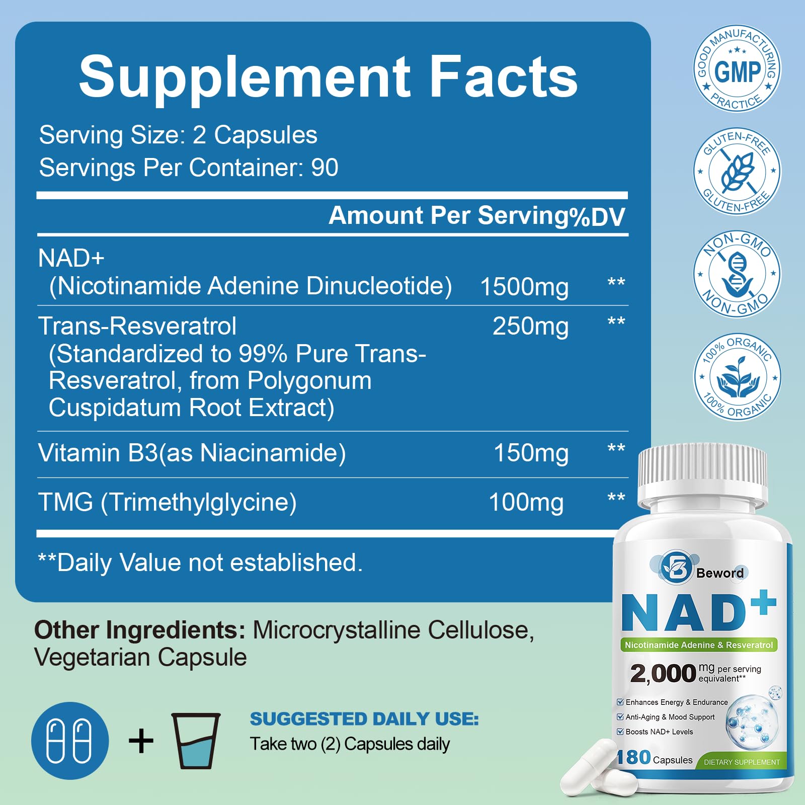 BEWORD Liposomal NAD 2000 Mg, 180 Capsules, 4-in-1 Formula with Liposomal NAD, Trans-Resveratrol, Non-GMO | Energy Support BEWORDBuy Supplements Australia