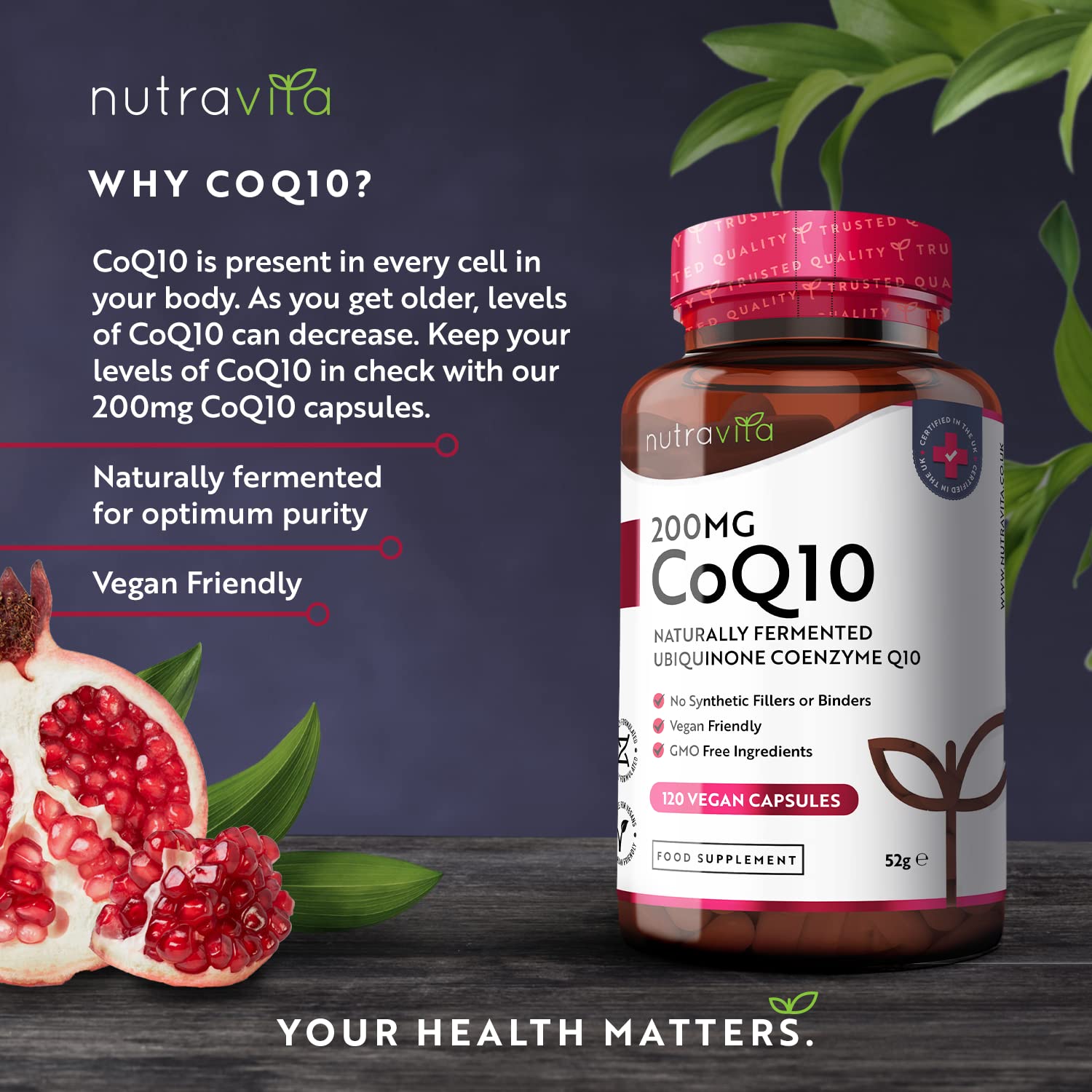 CoQ10 200mg - 120 Vegan Capsules of High Strength Co Enzyme Q10 (4 Months Supply) NutravitaBuy Supplements Australia