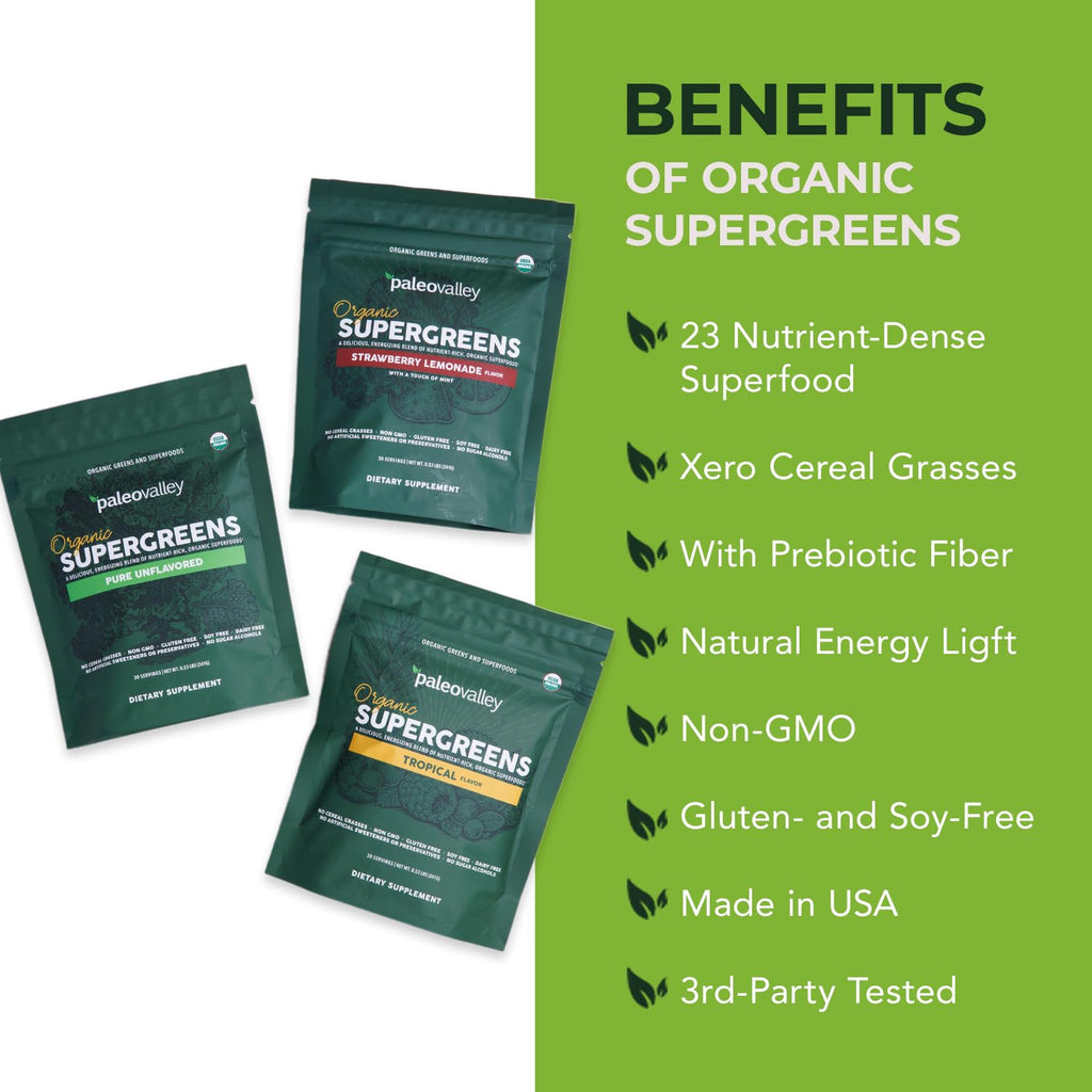Paleovalley Organic Supergreens Powder - 23 Superfoods with Prebiotic Fiber for Energy and Immunity Support - No Cereal Grasses for Maximum Absorption - Pure Unflavored, 30 Servings PaleovalleyBuy Supplements Australia