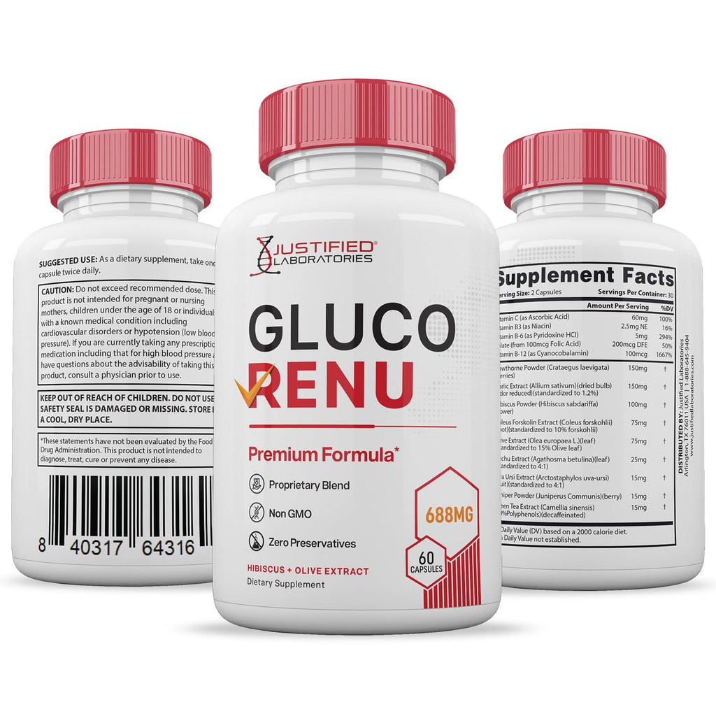 Gluco Renu 688MG Glyco Support Pills Premium Formula Gluo Renew Glycogen Support Formulated Hawthrone Hibiscus Garlic Junpier Powder Olive Forskolin Green Tea Extract 60 Capsules Justified LaboratoriesBuy Supplements Australia