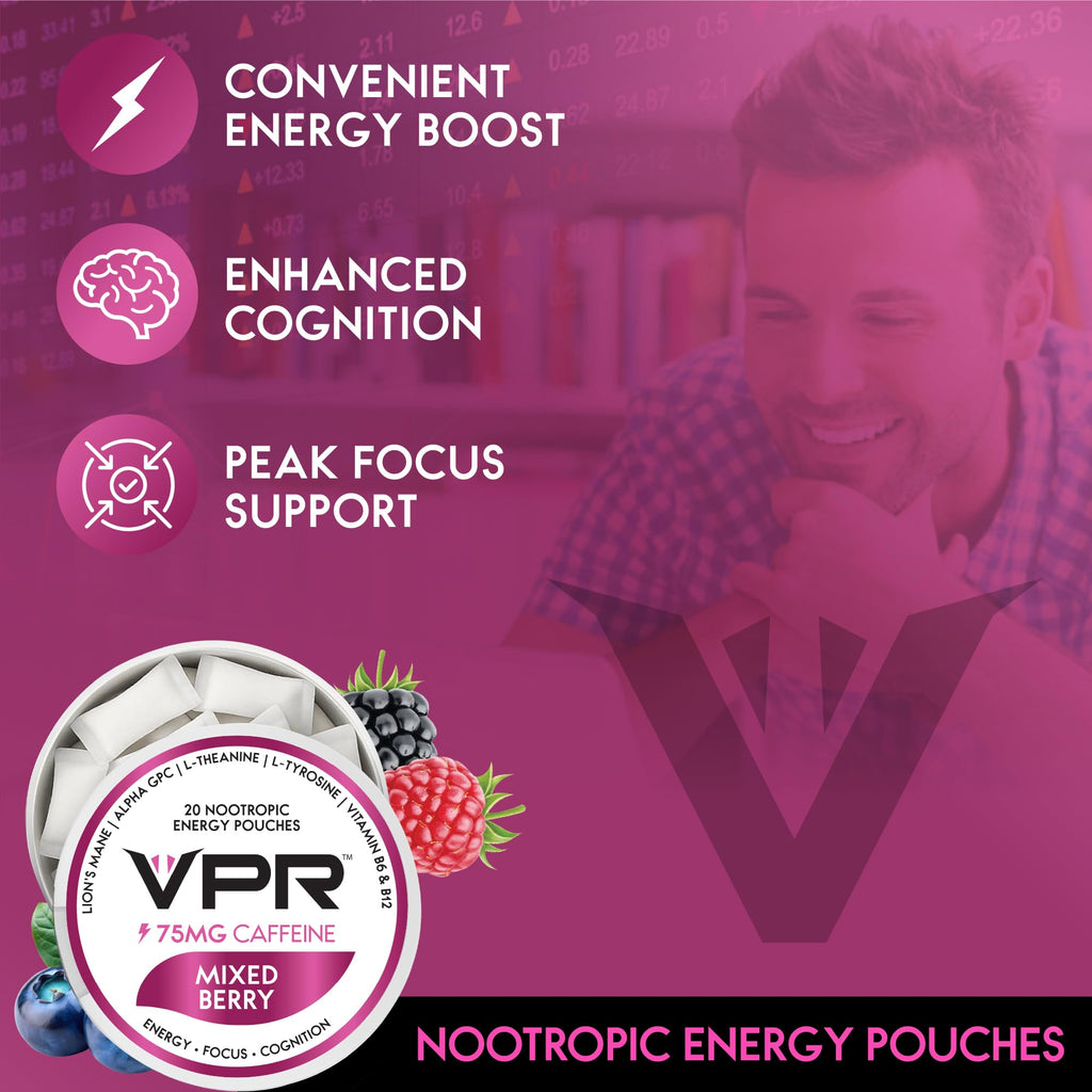 VPR 75MG Caffeine Nootropic Pouches | 20 Count Energy Pouches with Lion's Mane, Alpha-GPC, Vitamin B6 & B12, L-Theanine, and L-Tyrosine | Naturally Flavored Focus Pouches with No Sugar (Variety Pack) VPR EnergyBuy Supplements Australia